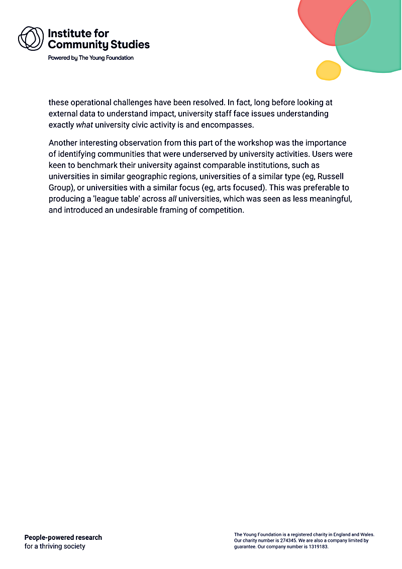 these operational challenges have been resolved. In fact, long before looking at external data to understand impact, university staff face issues understanding exactly what university civic activity is and encompasses.